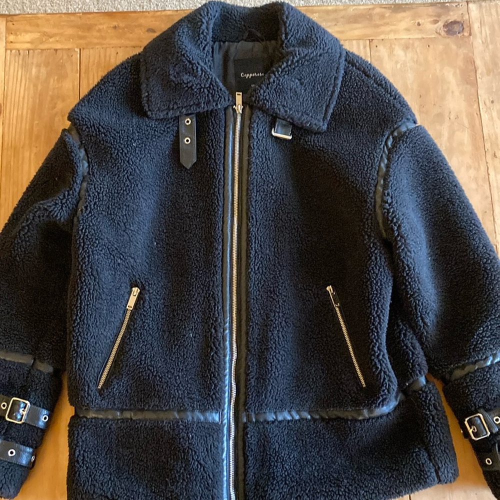 Warm Sherpa coat with faux leather accents (small/medium)